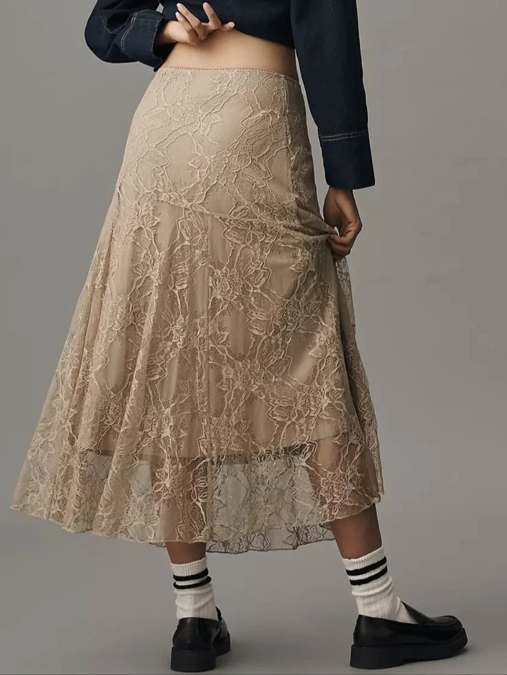 Anthropologie Asymmetric Drop-Waist Lace Midi Skirt Pull-On Taupe Size M $128
